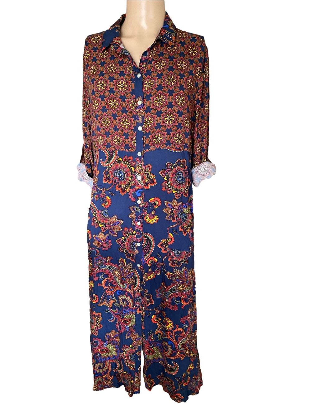 fig and flower Navy Multicolor Floral Paisley Button-Front Maxi Dress